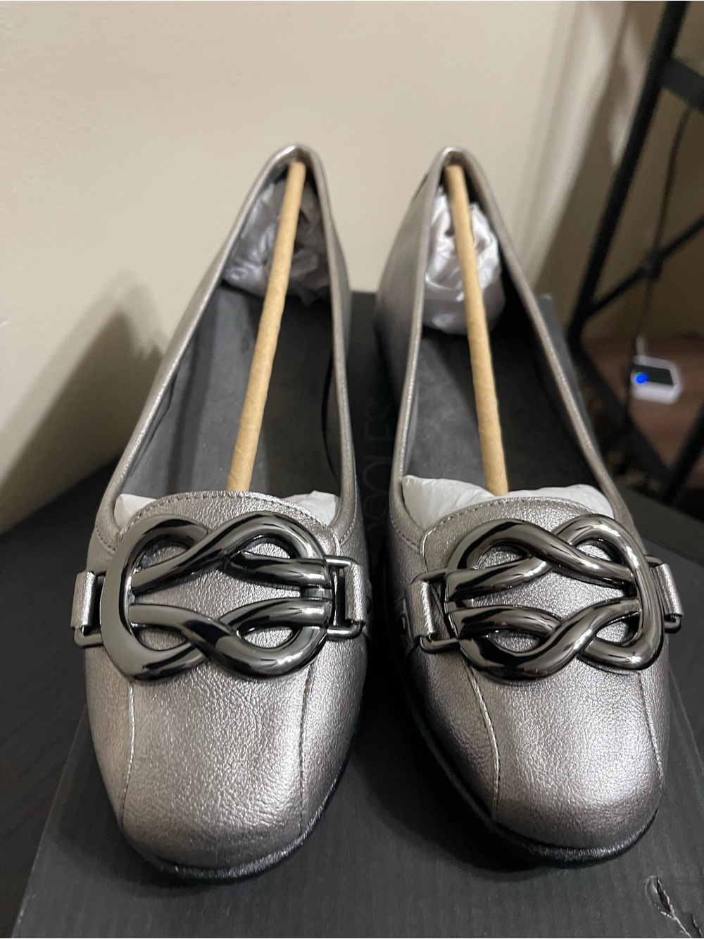 AEROSOLES Metallic Silver Slip-On Loafers with Chain Accent